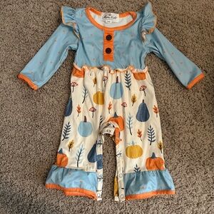 Blue and Orange Baby Romper with Pumpkin Print